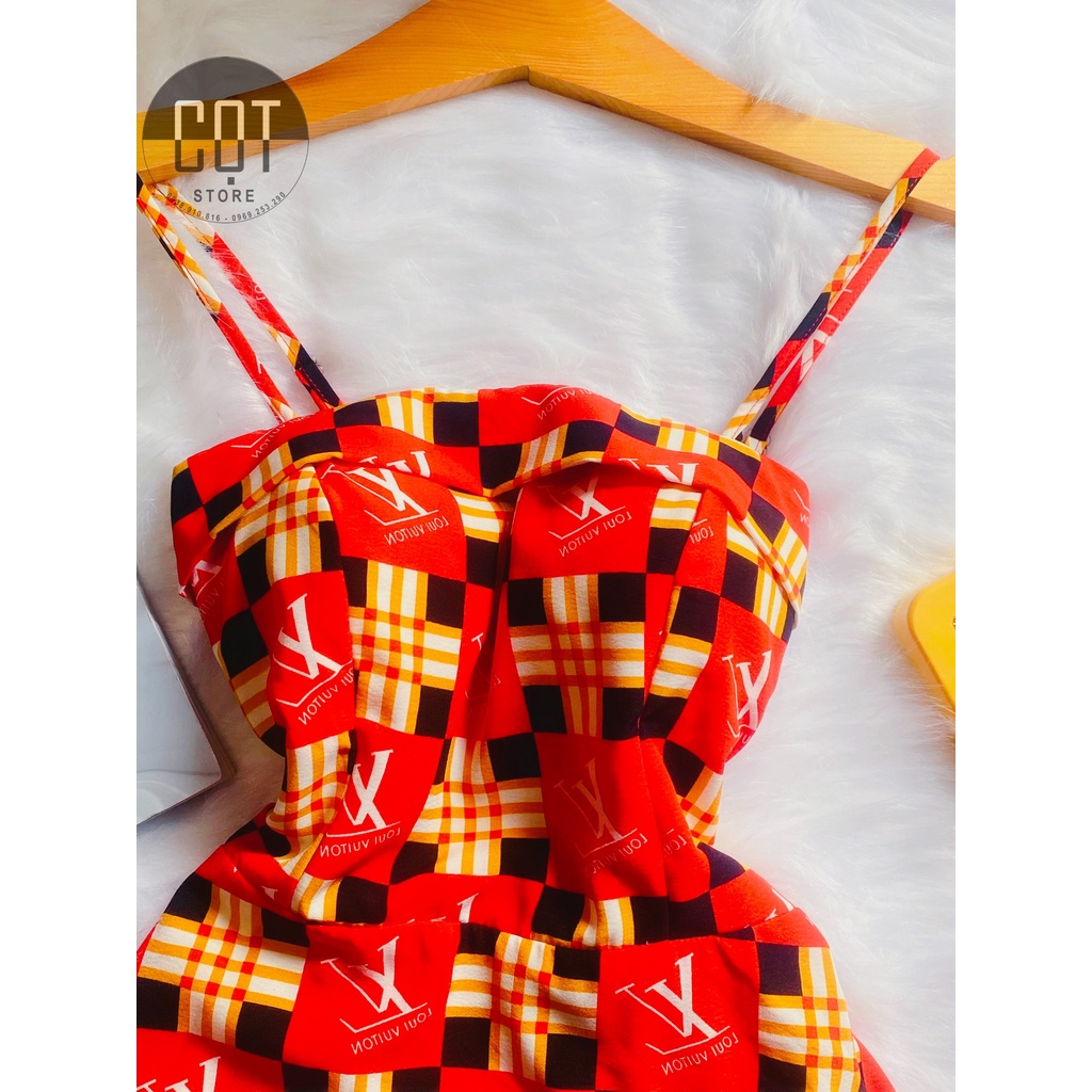 Đầm Maxi hai dây thiết kế họa tiết (Đỏ kẻ ô) chất liệu lụa cao cấp kèm mút ngực