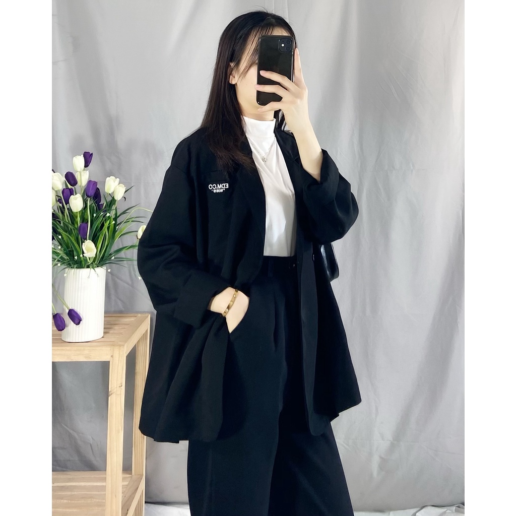 Áo khoác blazer công sở a5574 (màu đen), dáng dài, cổ vest, dài tay, form rộng, freesize, vải 1 lớp KHÔNG LỘ