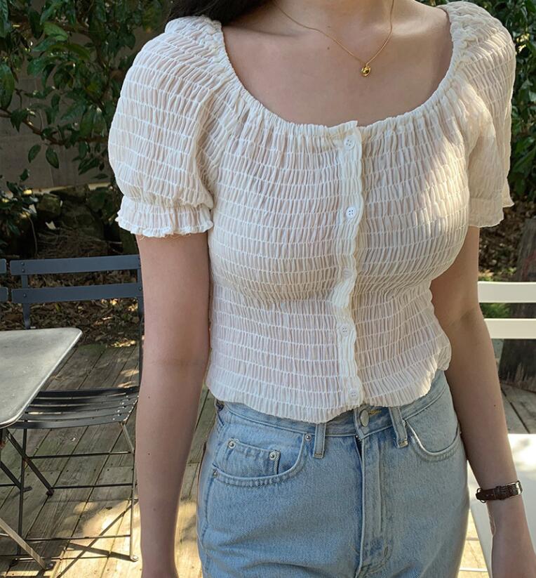 SUXI Áo Croptop Chất Chiffon Tay Ngắn Thiết Kế Thanh Lịch Phong Cách Pháp