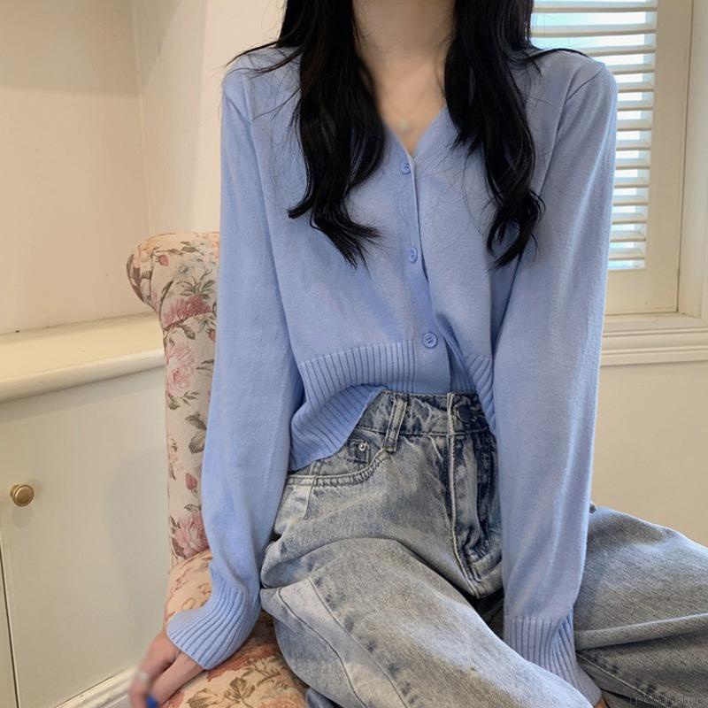 Áo Cardigan Dệt Kim Mỏng Dáng Ngắn Màu Trơn Phong Cách Hàn Quốc Thời Trang Mùa Thu