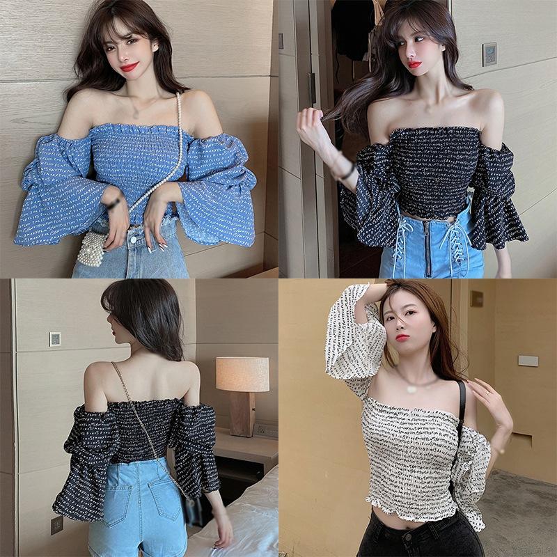 Áo voan lửng tay ống loe in họa tiết chữ thời trang dành cho nữ