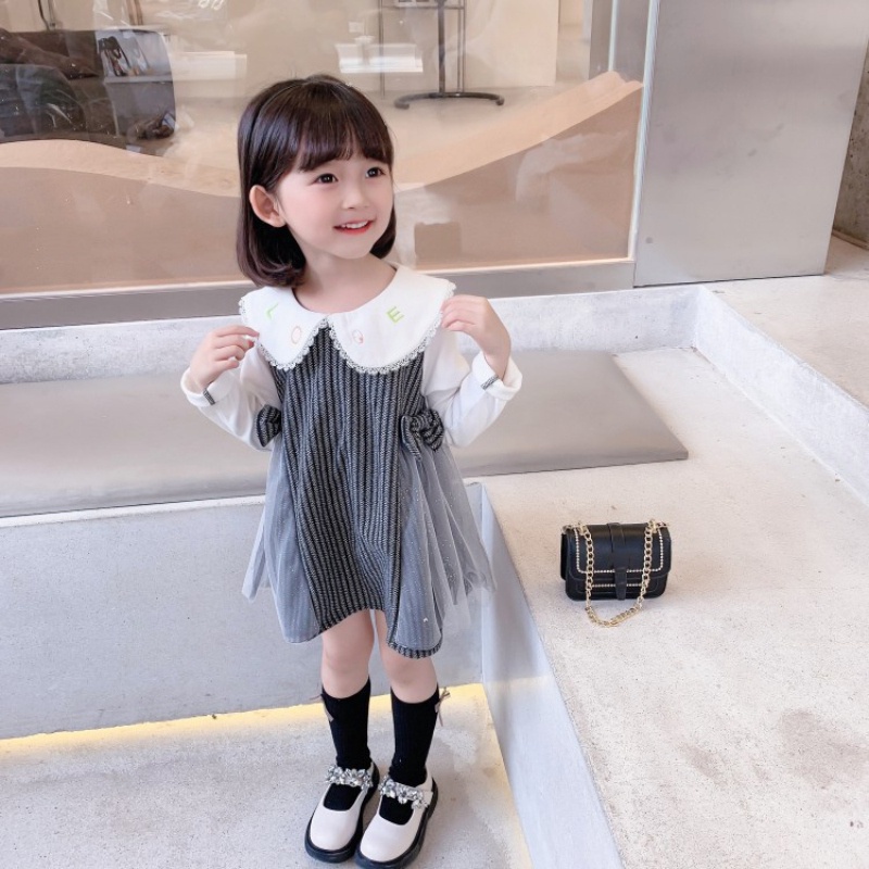 Set áo thun tay dài cổ bẻ + đầm công chúa phong cách phương Tây cho bé gái