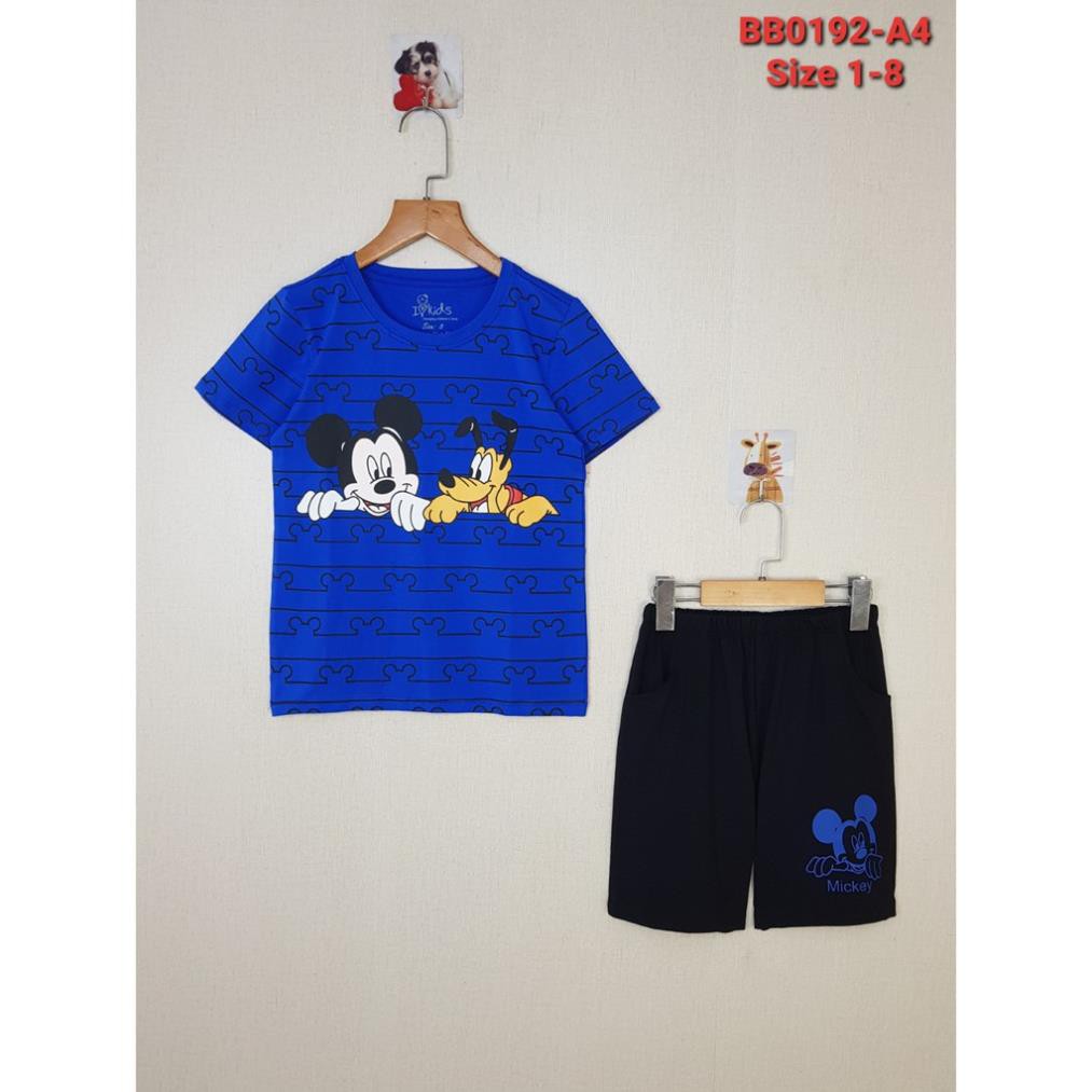 BB0192-A1 - Bộ bé trai cotton ngắn tay, in chuột Mickey màu xanh hiệu IloveKids, size nhí 1t-8t- Hàng Made In Vietnam