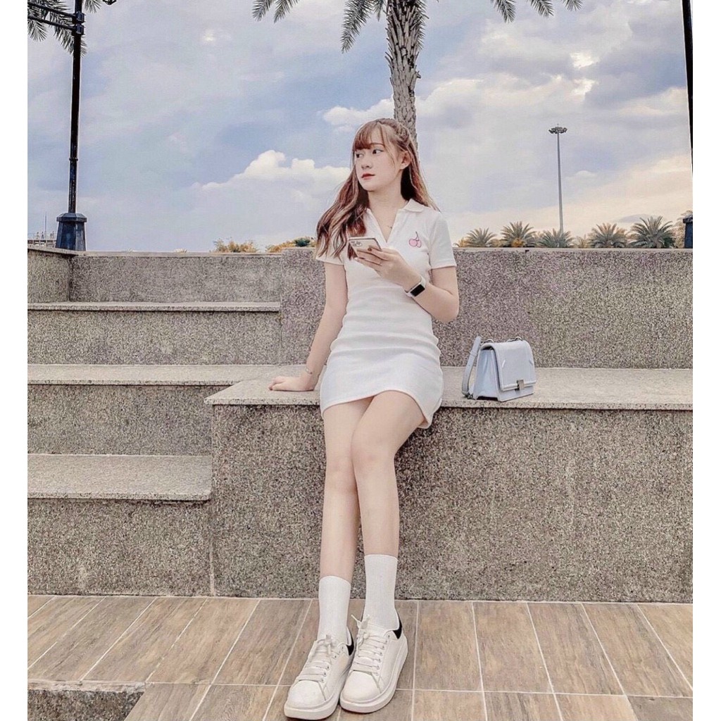 đầm ngắn borip cổ trụ thêu cherry