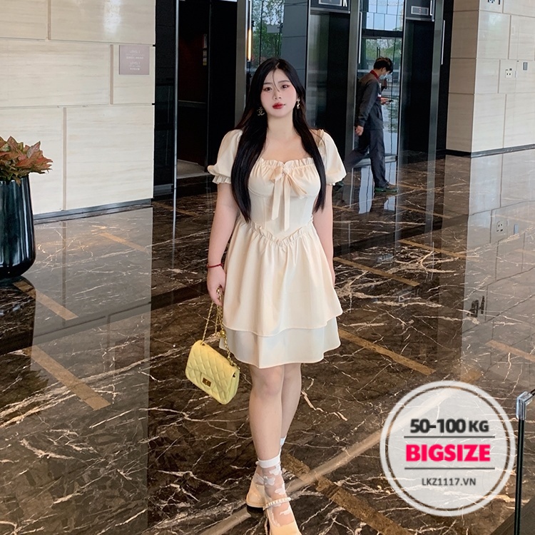 Đầm dáng suông Bigsize Váy nữ tay ngắn cổ vuông Phối Nơ mùa hè Phong cách Hàn Quốc Thời Trang tiểu thư cá tính xinh đẹp cho người mập béo