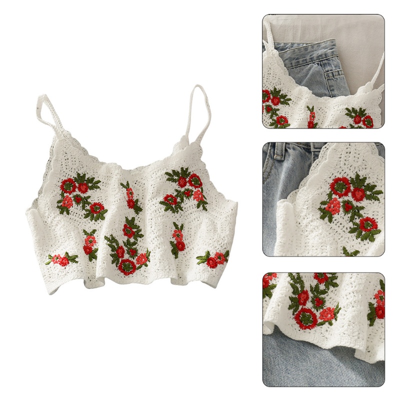 Áo Croptop Dệt Kim Không Tay Thêu Hoa Xinh Xắn Dành Cho Nữ