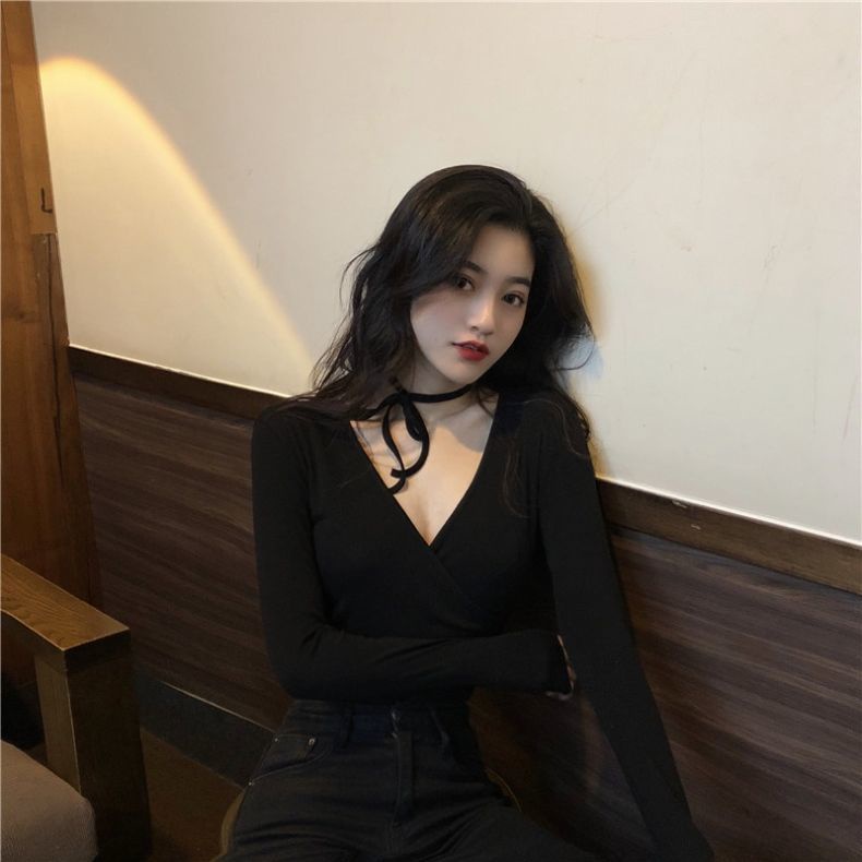 Áo Thun COZOK Tay Dài Cổ Chữ v Dáng Ôm Đan Chéo Quyến Rũ Trẻ Trung Cho Bạn Gái