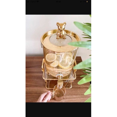 Bình Nước Thuỷ Tinh Borosilicate Hình Gấu Kèm Giá Đỡ Mạ Vàng