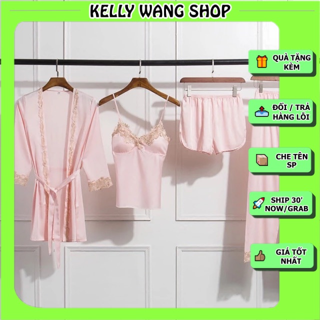 Sx265-1 combo set 4 món - đồ ngủ lụa satin phối ren -KellyWang