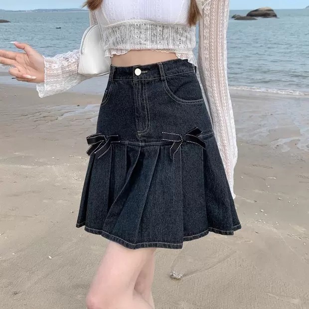 6:30PM Order Mã 004 Chân váy jeans đen ngắn ulzzang hot trend đuôi cá tennis skirt phối nơ lolita cute