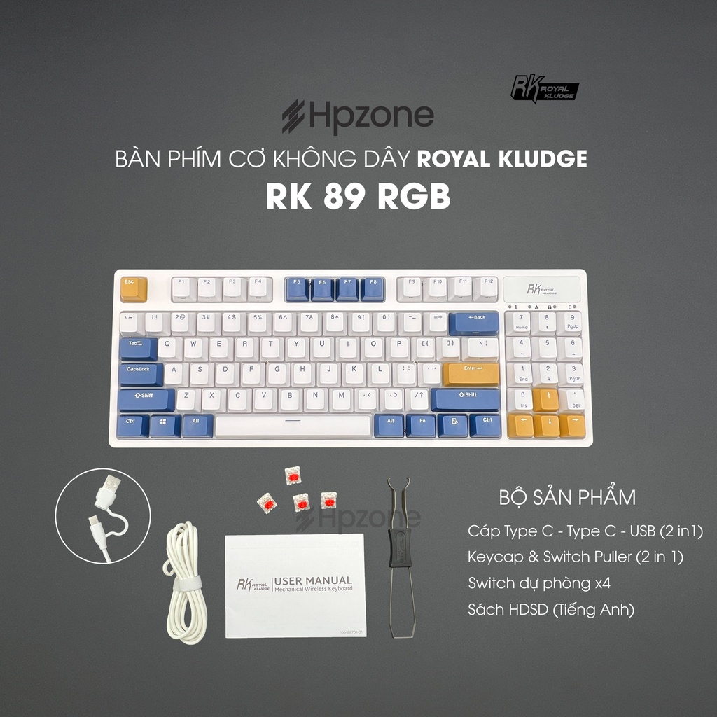 RK89 Bàn phím cơ không dây RK89 chính hãng Royal Kludge 89 phím, Bluetooth 5.1, 2.4Ghz, Type C Mac, Win, IOS, Android