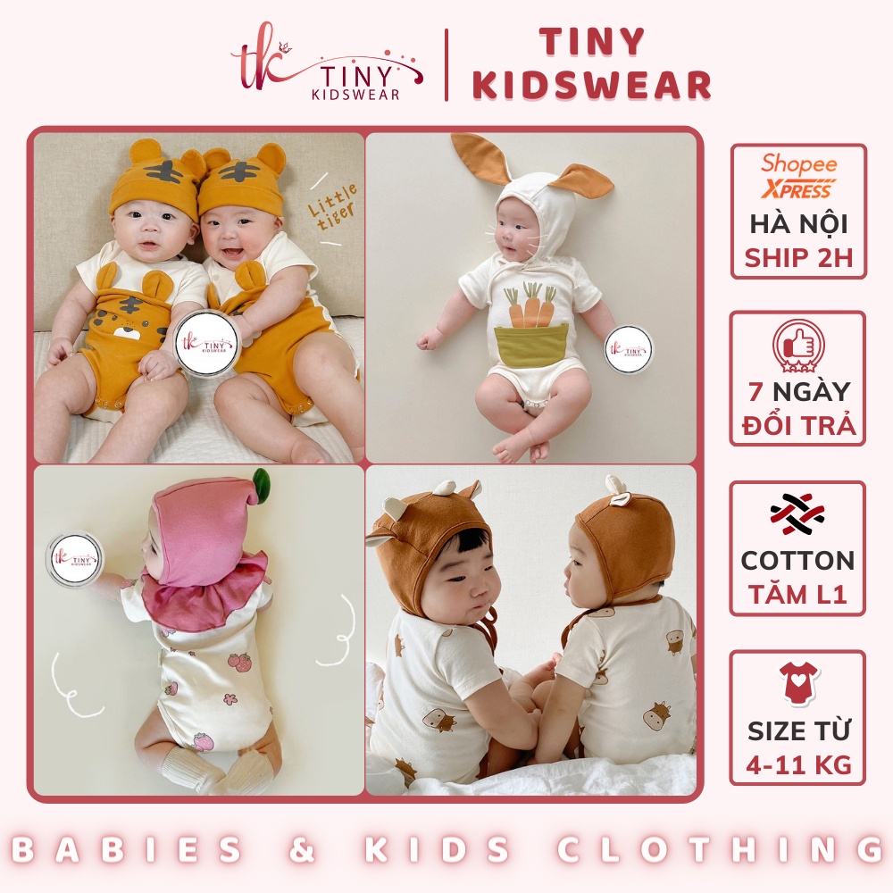Body Chip Bé Trai, Bé Gái Tặng Kèm Mũ Hình Thú Dễ Thương, Bodysuit Cộc Tay Cho Bé Từ 4-11kg