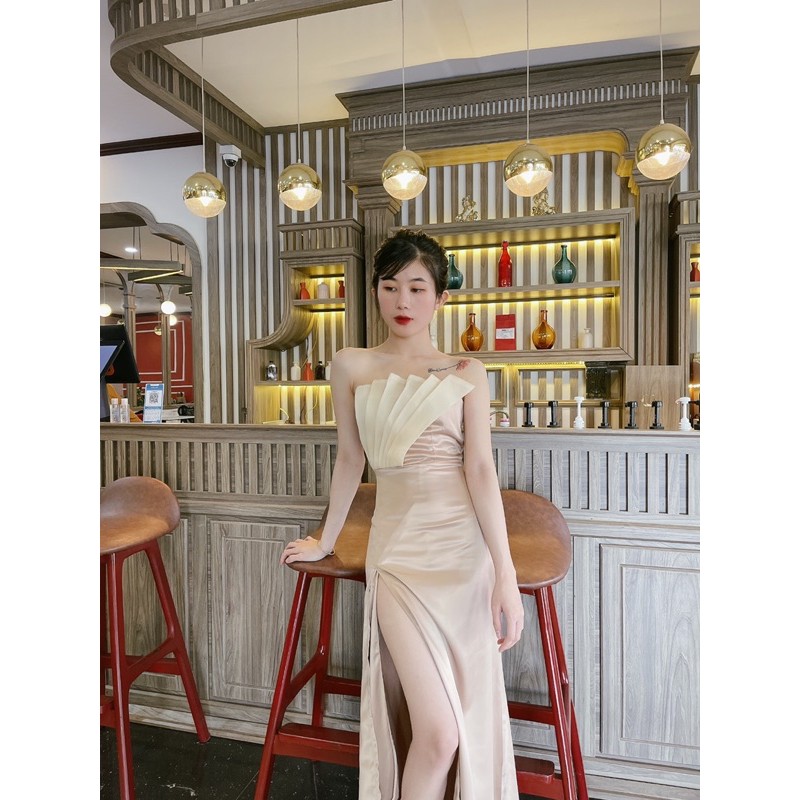 Váy dự tiệc lụa cao cấp màu trắng và nude