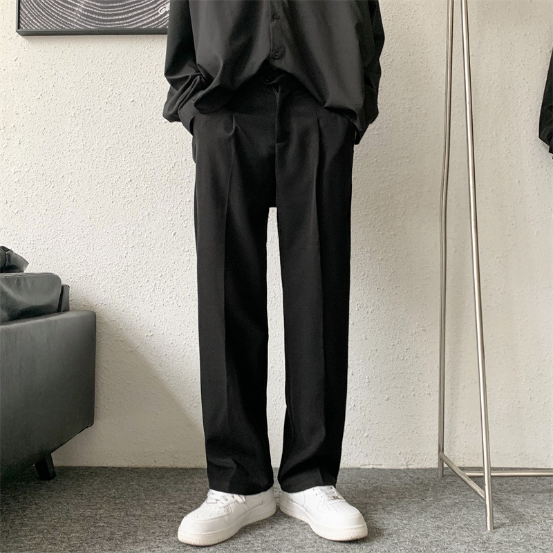 ♞AFF LIGA♞ Quần dài ống suông rộng phối túi và nút cài màu trơn phong cách Hàn Quốc đường phố vintage đơn giản thời trang cho nam