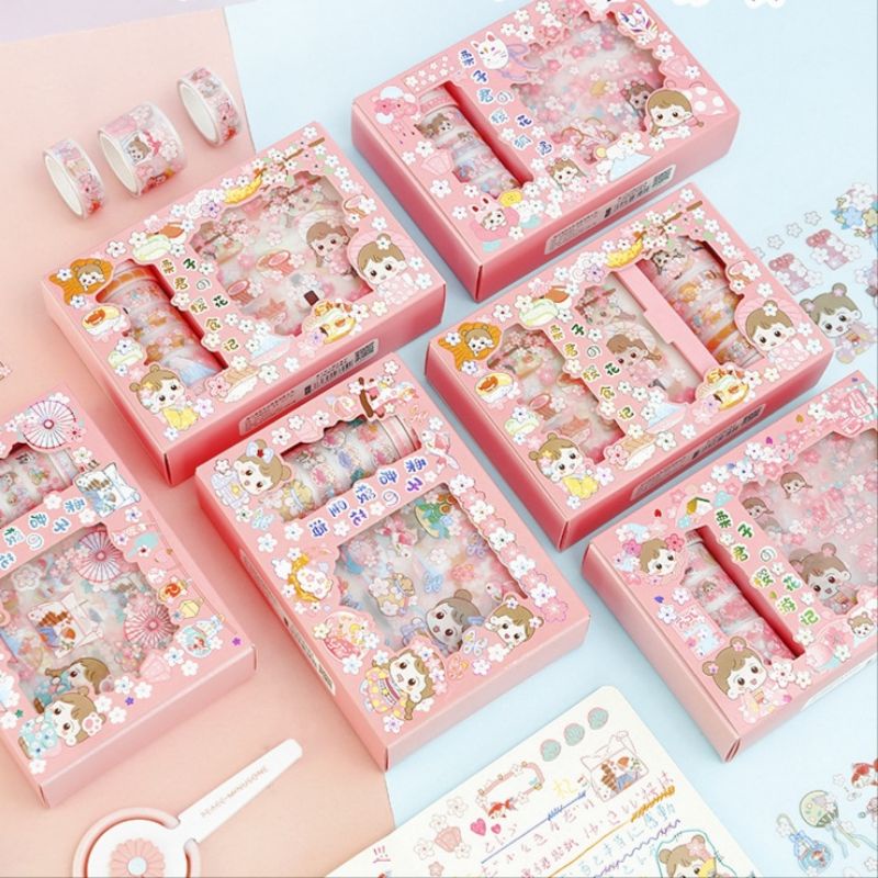 Set 6 cuộn washi tape kèm 6 tấm sticker