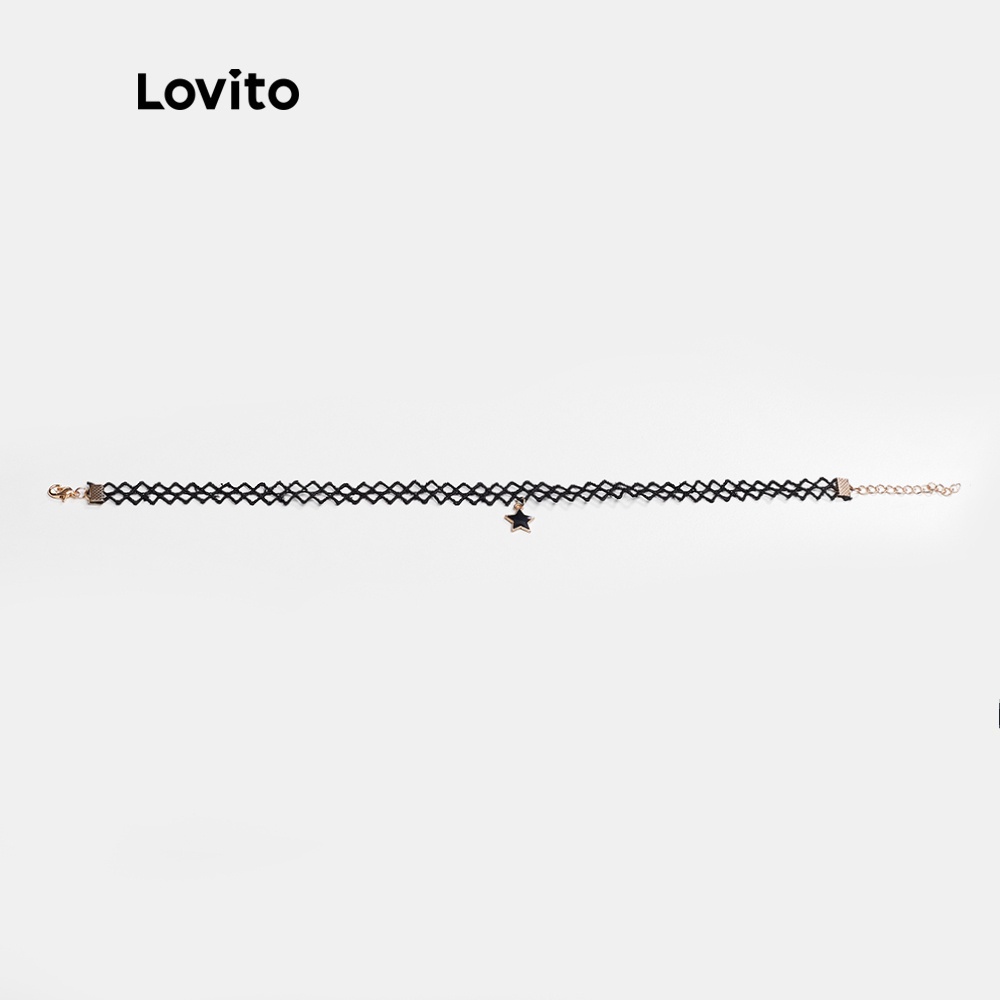 Vòng cổ Lovito choker mặt ngôi sao rỗng bằng hợp kim phối ren màu đen A07004