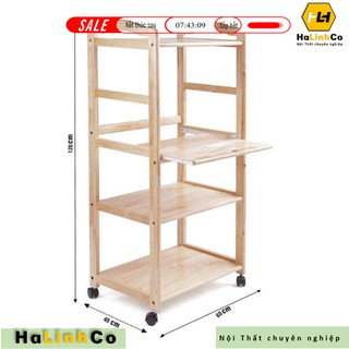 Halinhco- -- Kệ vi sóng, kệ tivi Kệ đa năng 4 tầng gỗ cao su, có bánh xe- có thể gấp gọn 100% gỗ tự nhiên