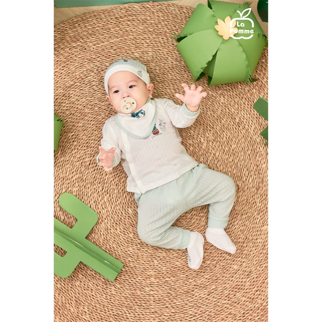 SLD181 Bộ dài tay La Pomme cúc lệch Xương rồng- Trắng xanh