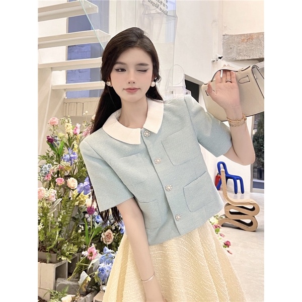 Áo dạ tweed mỏng xanh tay ngắn