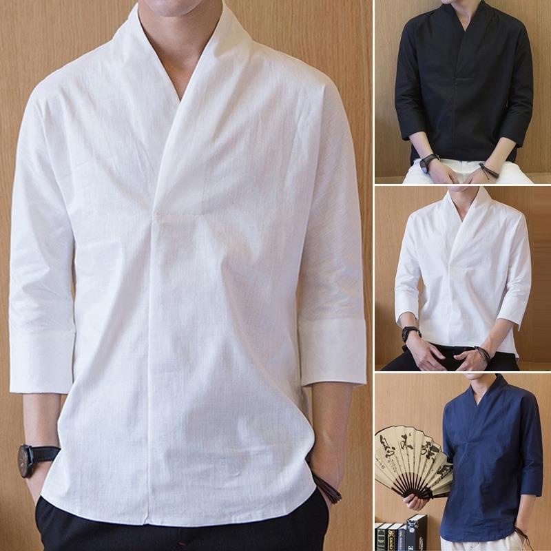 Bộ Đồ Hán Phục Tay Ngắn Vải Cotton Lanh Kiểu Trung Hoa Cá Tính Cho Nam