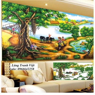 Tranh gắn đá hương vị đồng quê cây đa làng 200x95cm y8049
