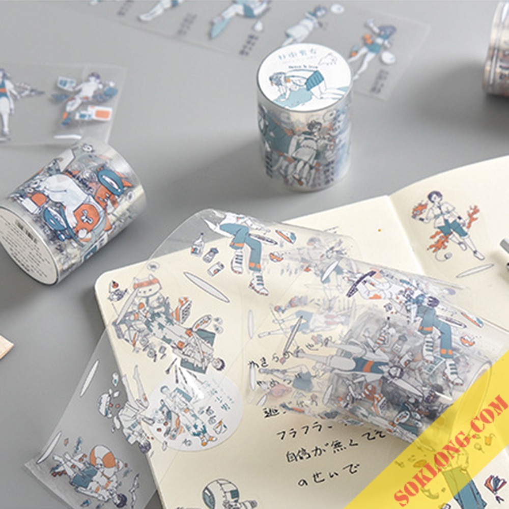 Cuộn sticker cô gái, chàng trai phong cách Anime STI54 trong suốt chống nước, sticker Manga