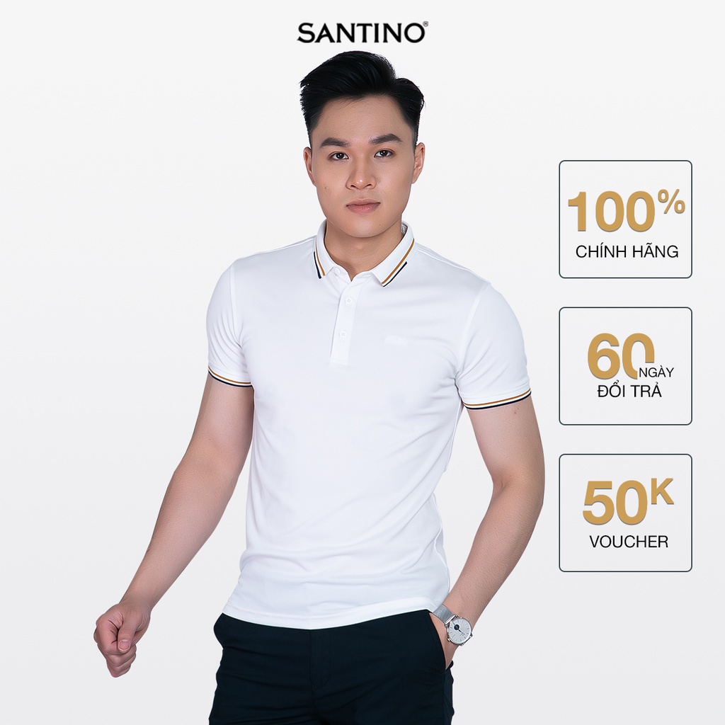 Áo Polo nam Cá Sấu SANTINO form chuẩn, phối bo cổ vàng, co giãn, chống nhăn - E002