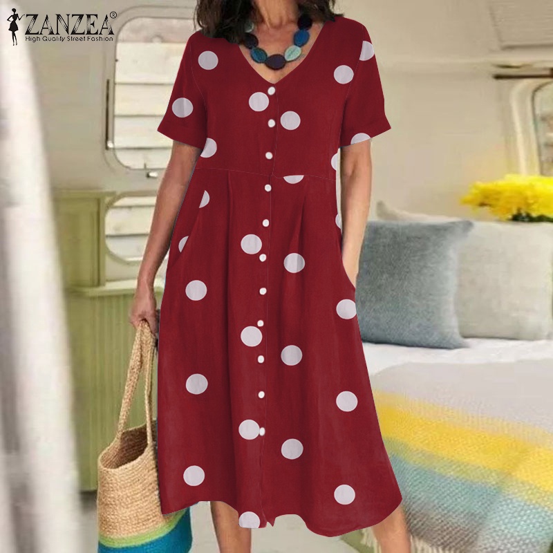 Zanzea Đầm Ngắn Tay Có Túi Họa Tiết Chấm Bi Phong Cách Châu Âu Dành Cho Nữ