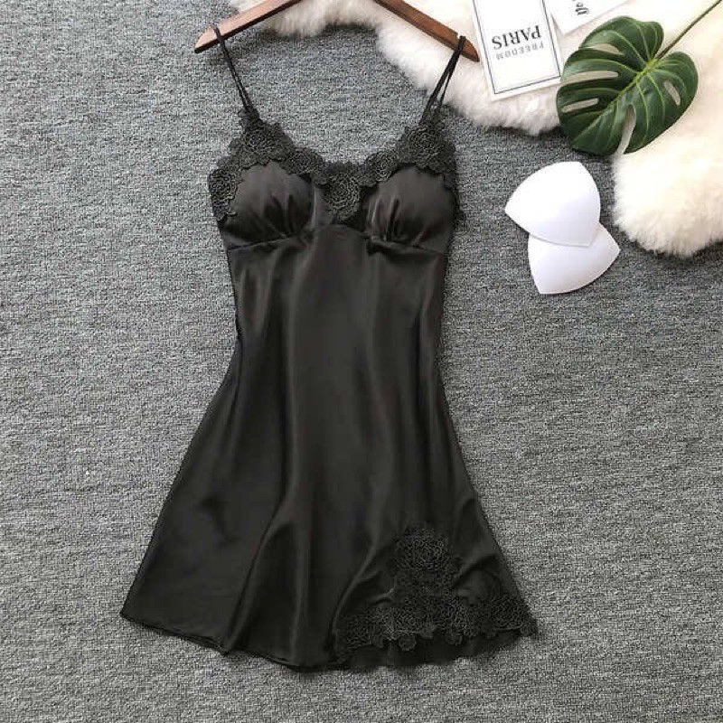Bộ Ngủ Đầm 2 Dây Lụa Bóng Phối Ren Sexy