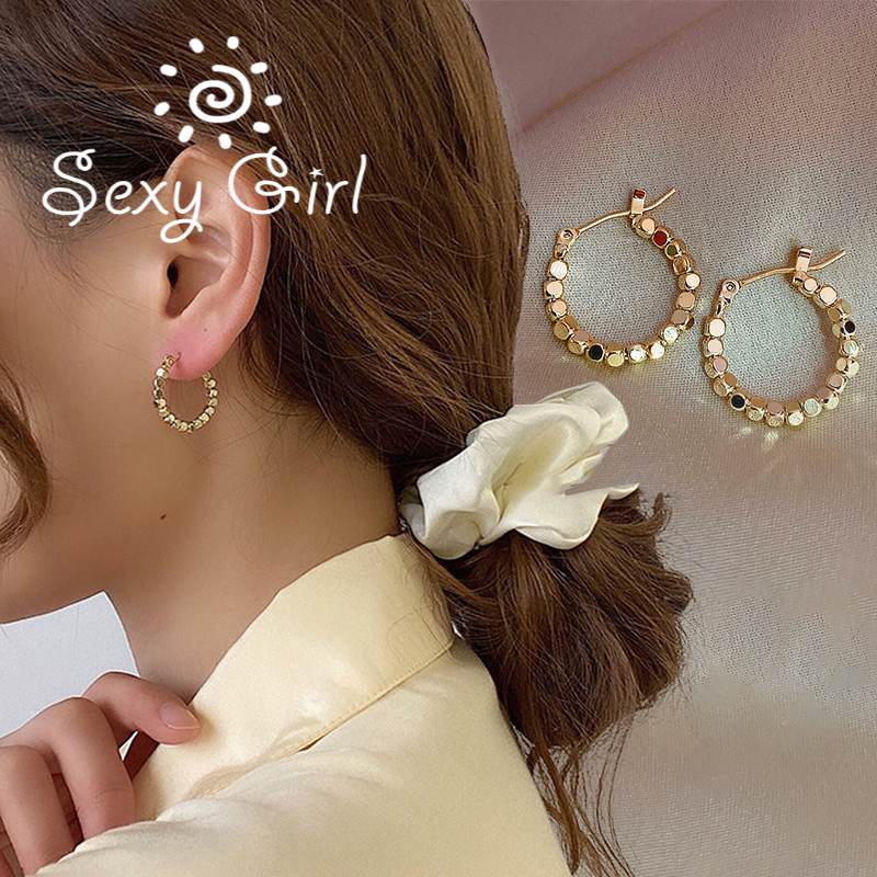 Bông Tai Dạng Vòng Đính Bóng Tròn Bằng Hợp Kim Màu Vàng Sang Trọng Thời Trang Hàn Quốc Cho Nữ