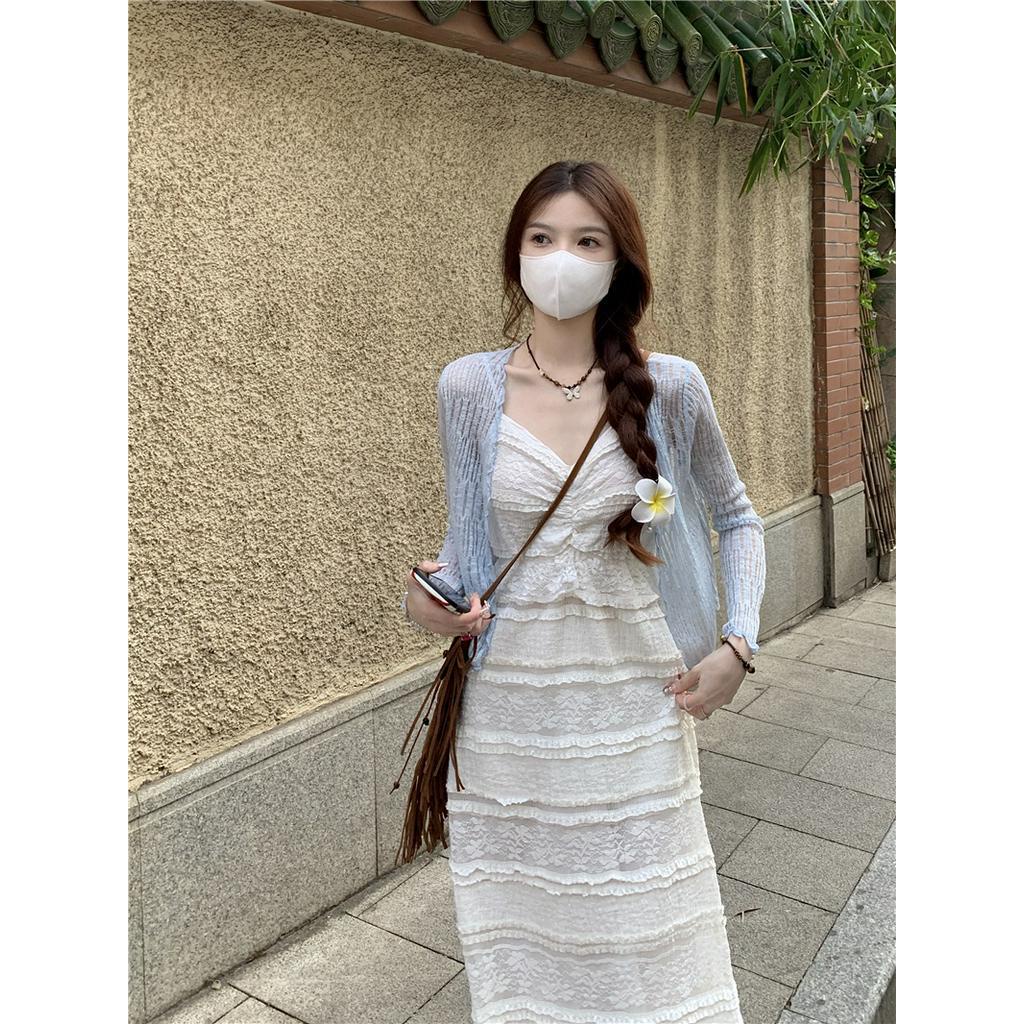 Đầm Dây Ren Mỏng Dài Tay Phong Cách Hàn Quốc Cổ Điển 62148