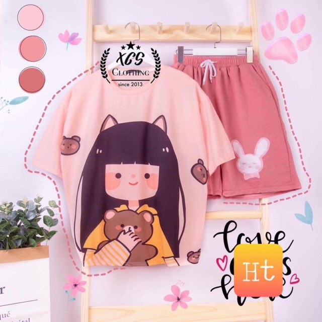 Sét áo cô gái tai mèo + quần đùi 3D HT12