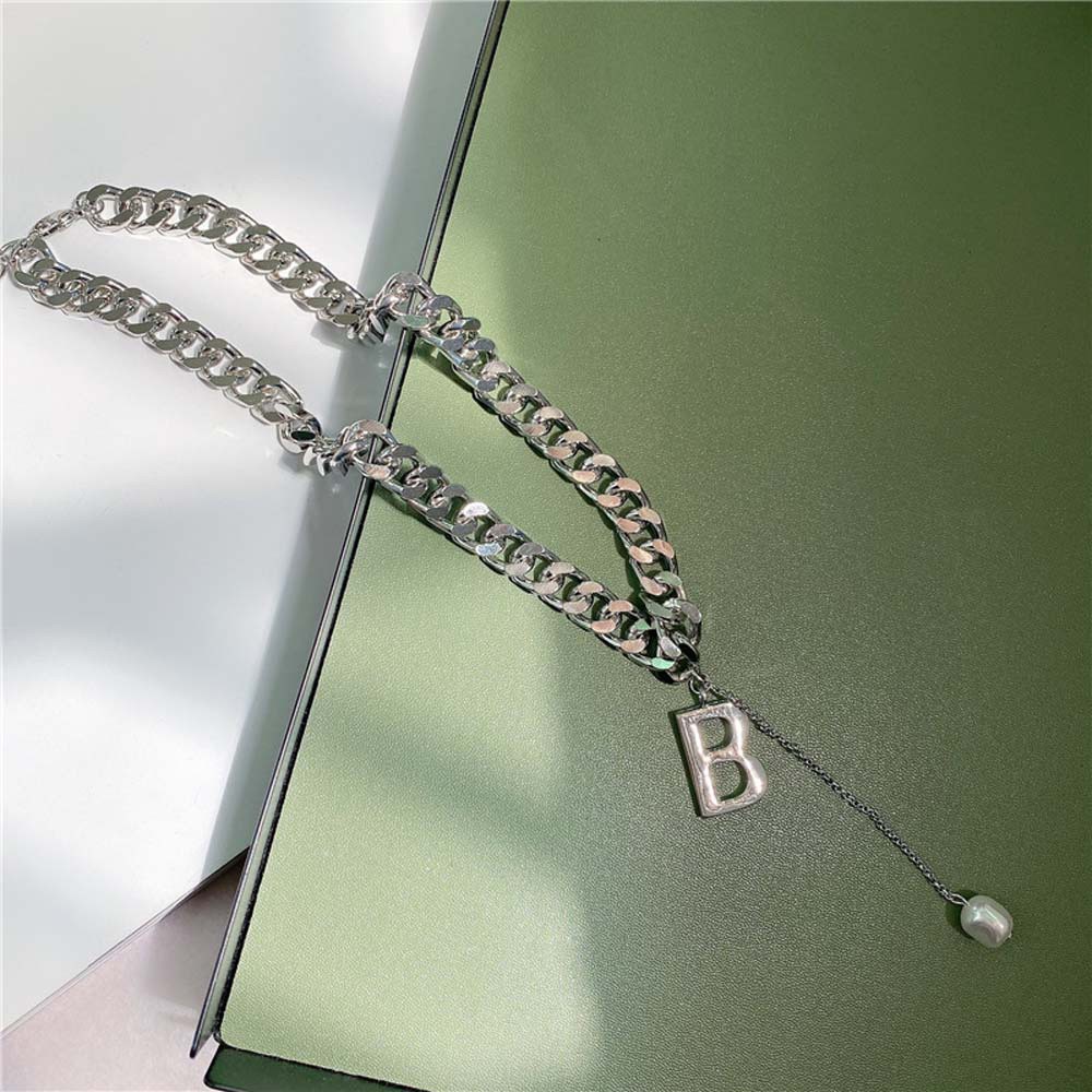 vòng cổ Sợi Xích Dày Dặn Đính Hạt Ngọc Trai Và Chữ B Phong Cách Hip Hop Mới