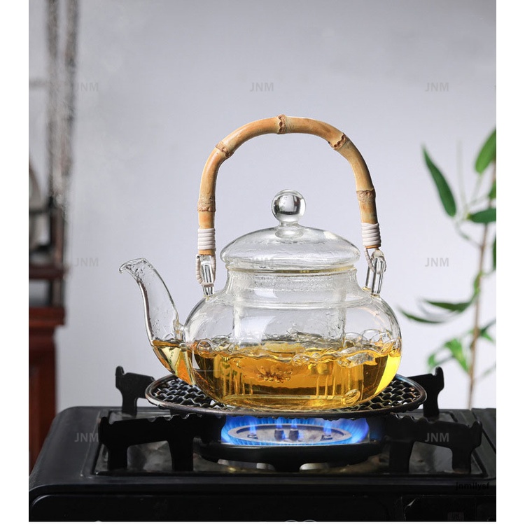 Bình trà thủy tinh trong suốt chịu nhiệt 600ml có tay cầm tre
