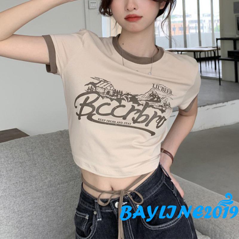 Áo Thun Ngắn Tay Dáng Rộng In Chữ Phối Dây Cột Thời Trang Mùa Hè Cho Nữ