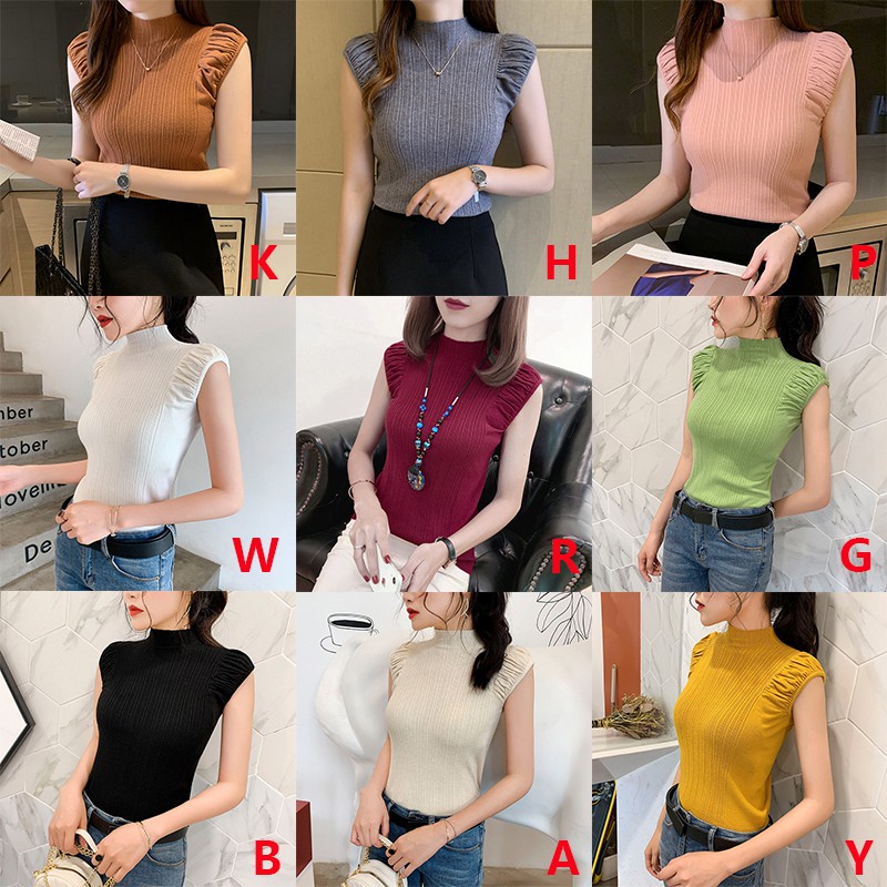 Phụ nữ rắn một nửa cao cổ Thời trang Áo thun dệt kim mỏng tay ngắn