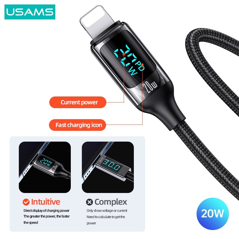 Dây Cáp Sạc Nhanh USAMS 1.2M 6A 100W PD Có Màn Hình LED Kỹ Thuật Số USB Type C