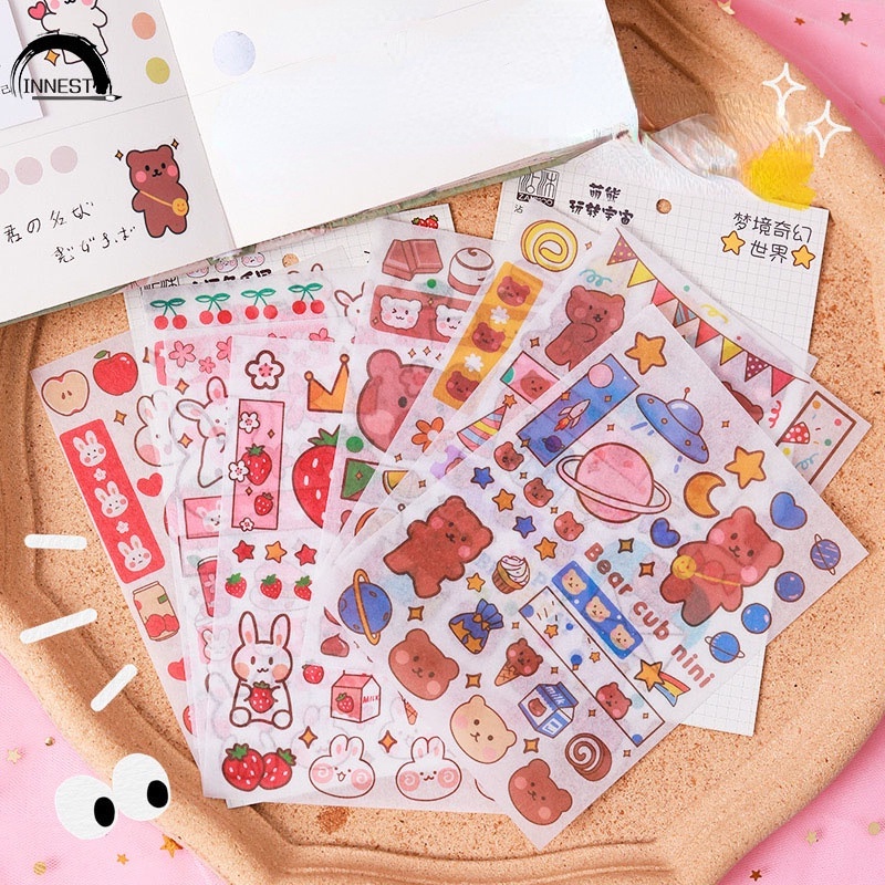 Set 4 Tờ Nhãn Dán Trang Trí Sổ Lưu Niệm DIY Hình Thỏ/Gấu Hoạt Hình Dễ Thương