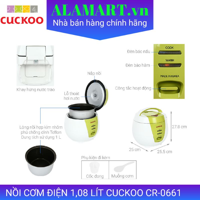 Nồi cơm điện Cuckoo 1.08 lít CR-0661 nhập khẩu Hàn Quốc dùng gia đình 2 - 4 người ăn 0.5kg gạo