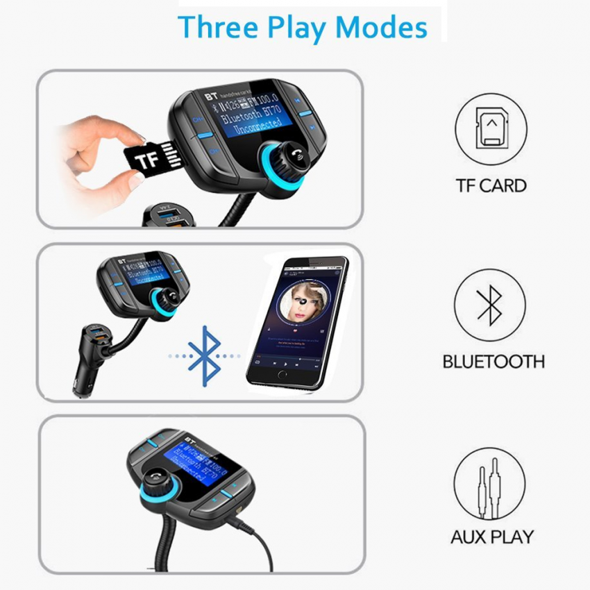 BT70 Bộ phát Bluetooth FM Âm thanh trên ô tô Máy nghe nhạc MP3 Ô tô không dây Cuộc gọi rảnh tay QC3.0 Hỗ trợ sạc nhanh TF USB AUX