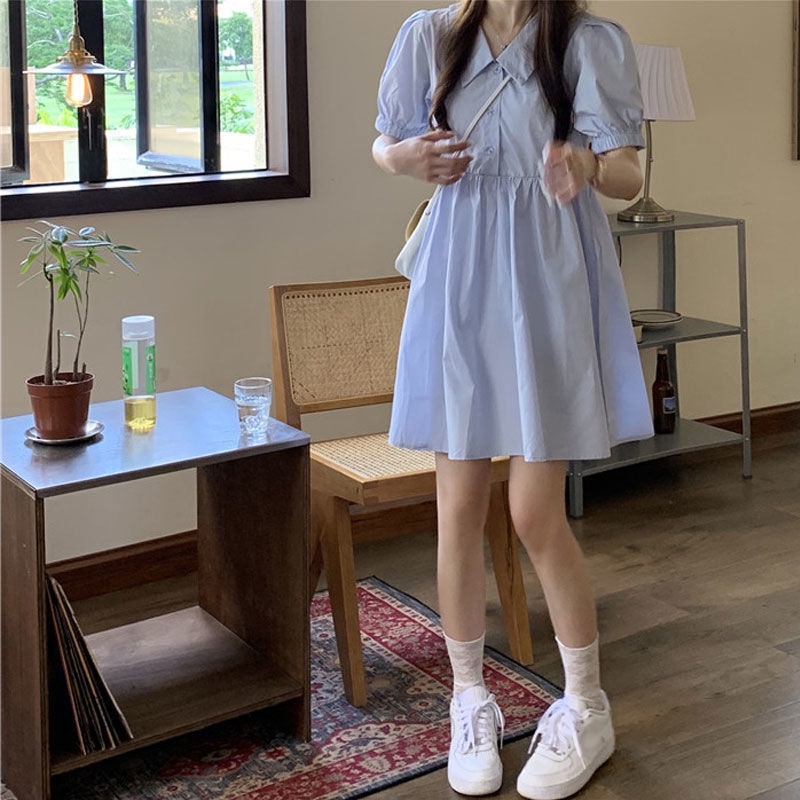 [LININ] Đầm Ngắn Dáng Rộng Tay Phồng Màu Xanh Sữa Phong Cách Pháp Thời Trang Mùa Hè Cho Nữ