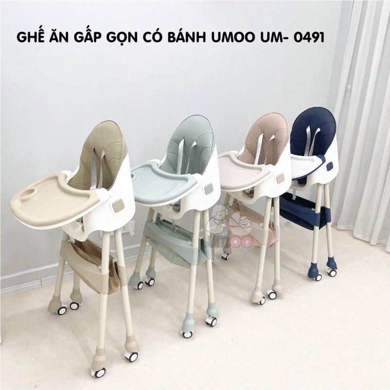 Ghế Ăn Dặm UMOO Có Bánh Xe, Điều Chỉnh Độ Cao 2 Cấp Độ, Gấp Gọn Tiện Dụng - Hàng Chính Hãng BH 12 Tháng cho bé