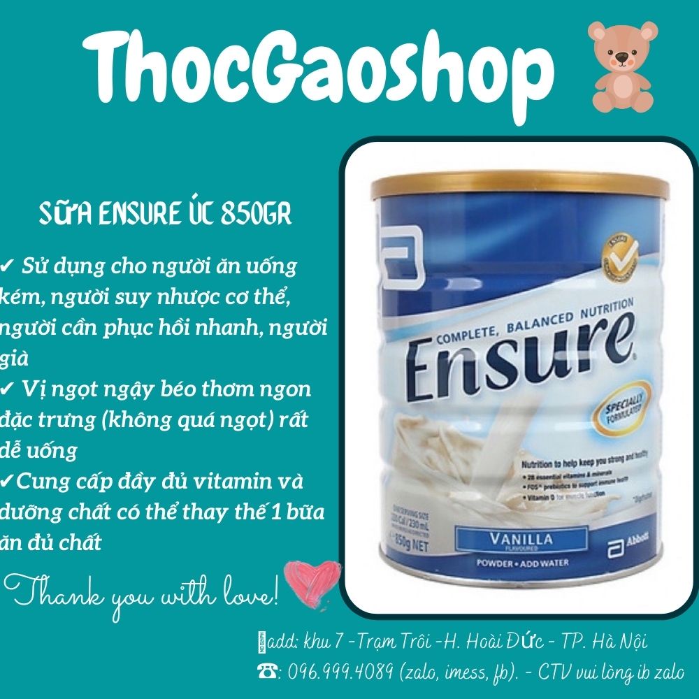 Sữa bột Ensure Úc 850gr - bữa ăn hoàn hảo đủ dưỡng chất