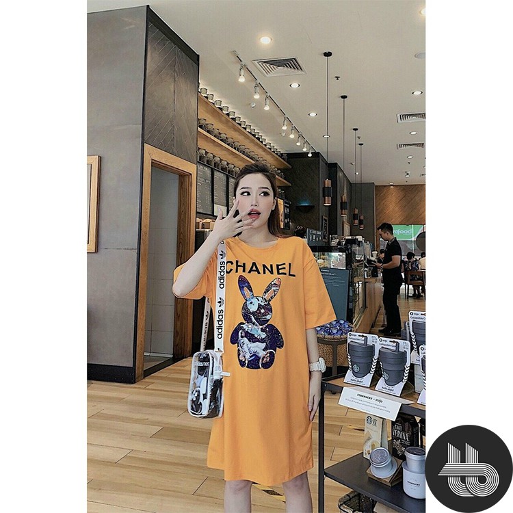 Váy Suông Đầm Suông Dáng Dài Form Rộng Chất Cotton Họa Tiết Hình Thỏ 4D Chữ Chà Neo | BigBuy360 - bigbuy360.vn