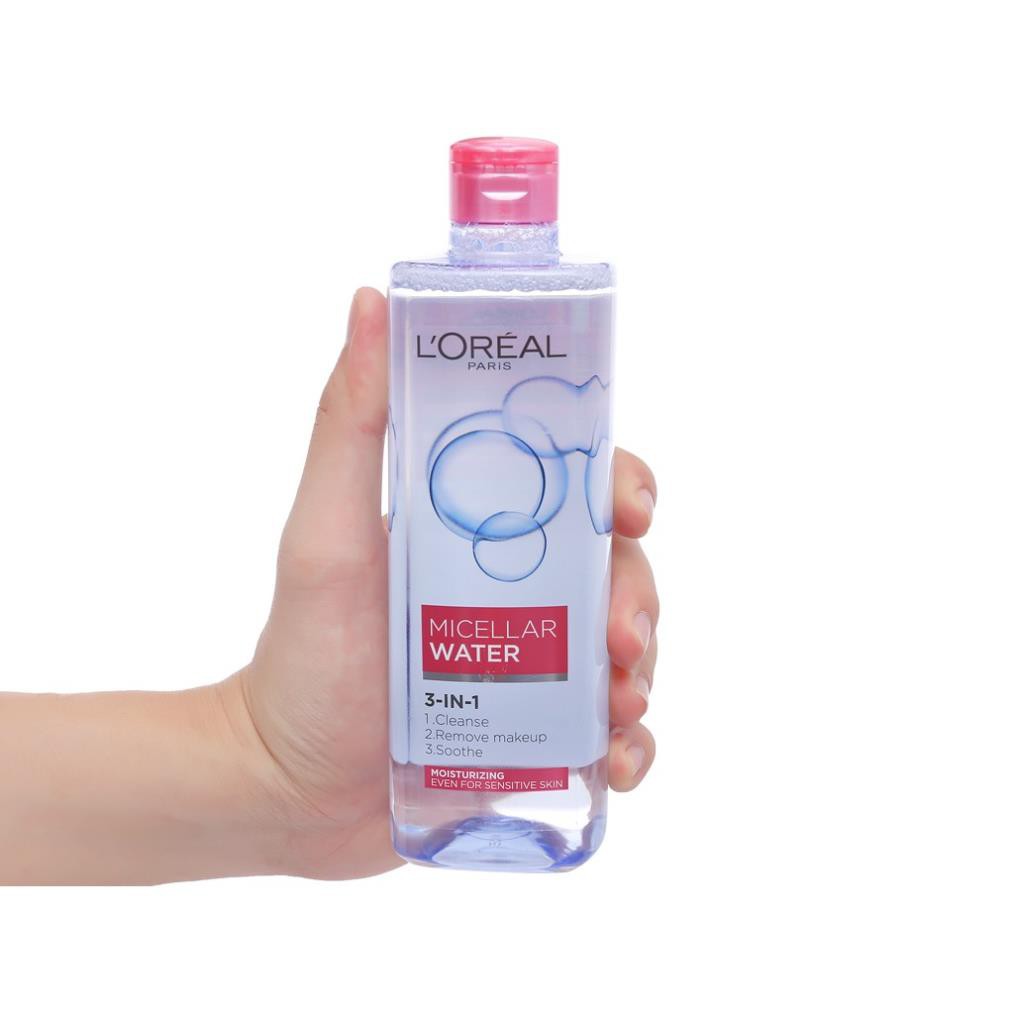 Nước tẩy trang Loreal paris 3 in 1 micellar water 400ml Moisturizing màu hồng cho da khô