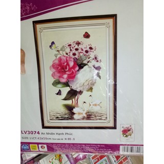 tranh thêu chữ thập cao cấp uyên ương hạnh phúc hoa bách hợp kt 43x59cm