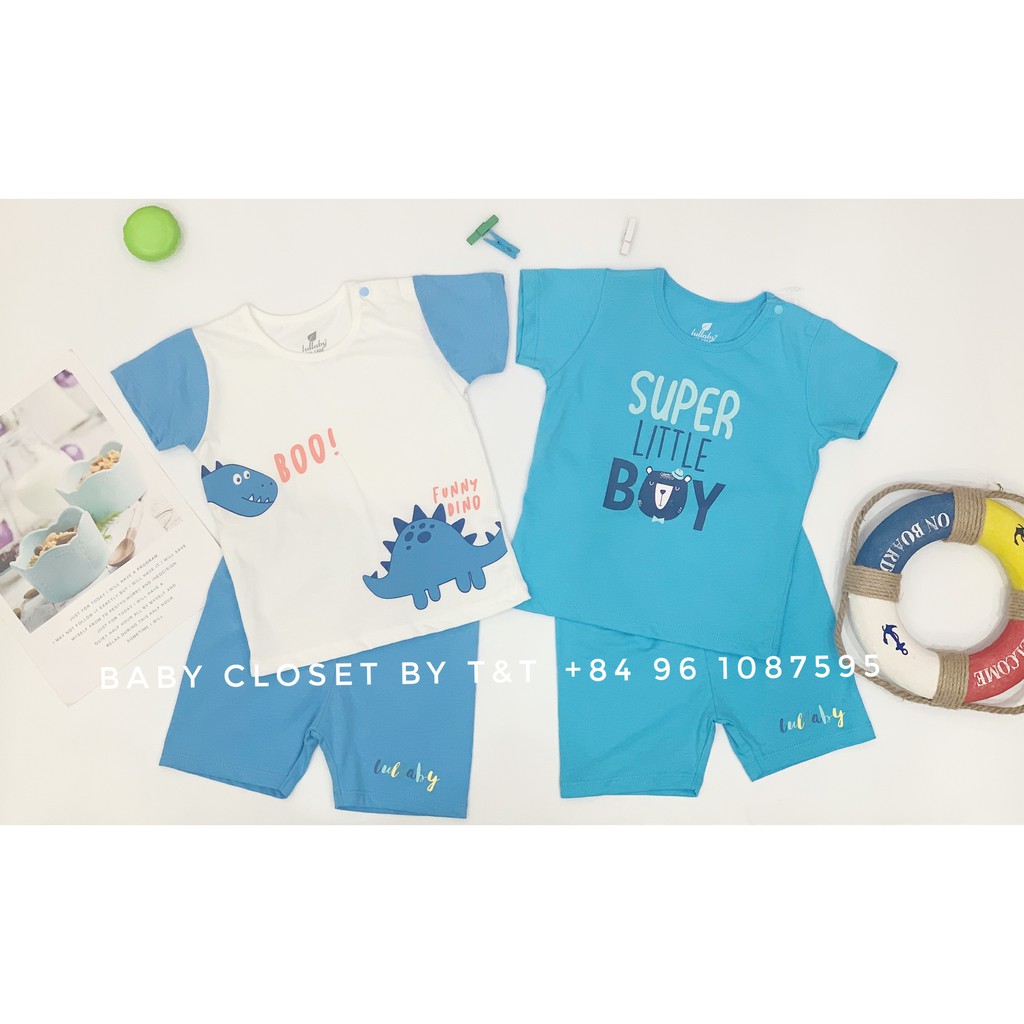 [CHÍNH HÃNG]Bộ cộc tay cài vai quần đùi họa tiết bé trai cotton cao cấp Lullaby chính hãng