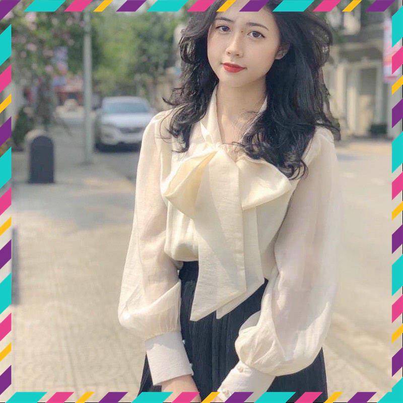 Áo sơ mi tay bồng cổ nơ khuy ngọc 2 lớp mặc đi chơi, đi làm cực xinh_350 MSP11639 | BigBuy360 - bigbuy360.vn