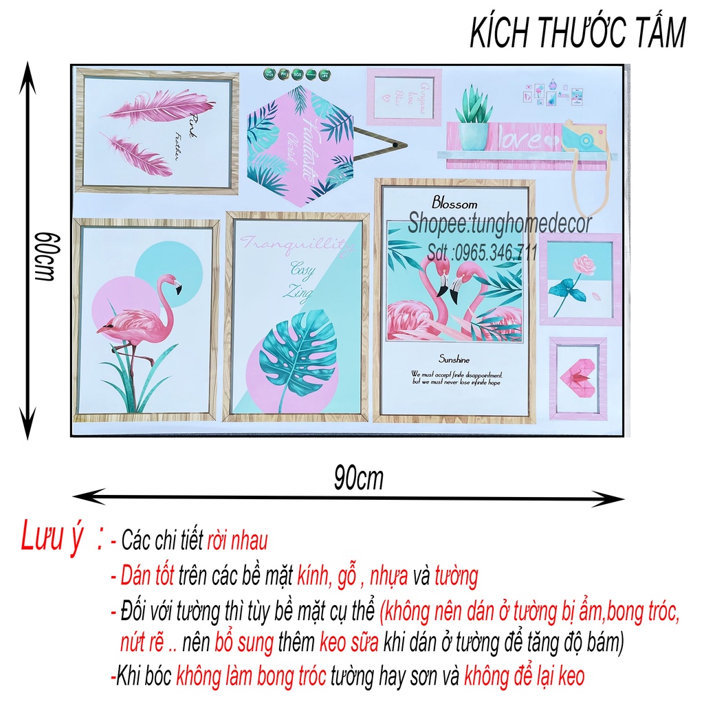 Decal dán tường hàn quốc trang trí phòng ngủ TUNG DECOR  Khung Hồng Hạc nhiều mẫu KT 60X90cm