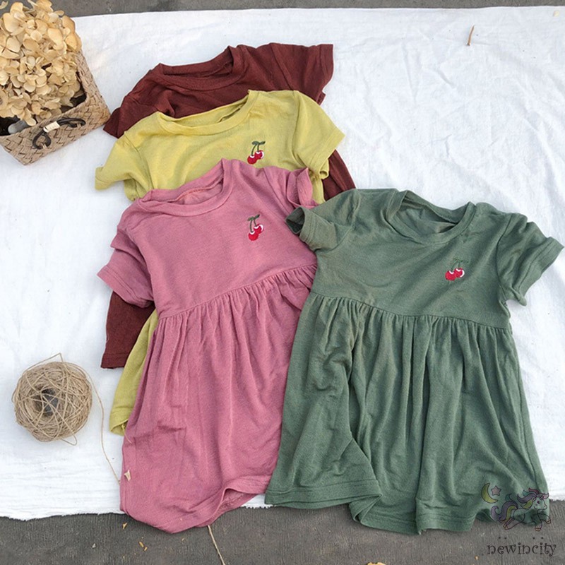 Đầm Ngắn Tay In Hình Quả Cherry Cho Bé Gái